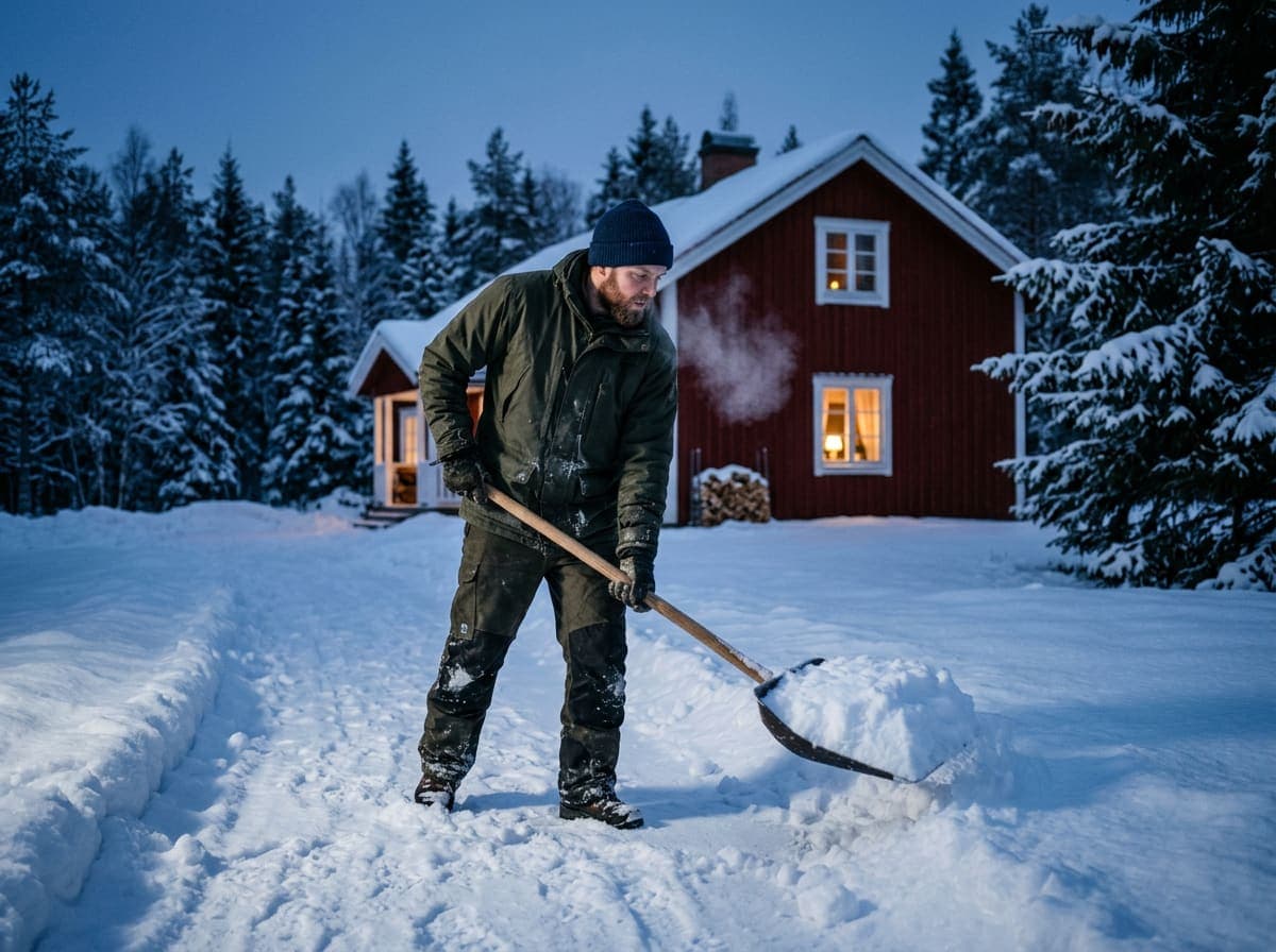 Snöskottning framför ett rött hus i vinterskymning