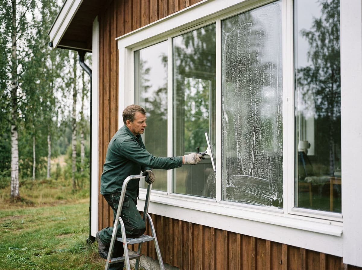 Fönsterputs utvändigt med skogen speglad i rutan
