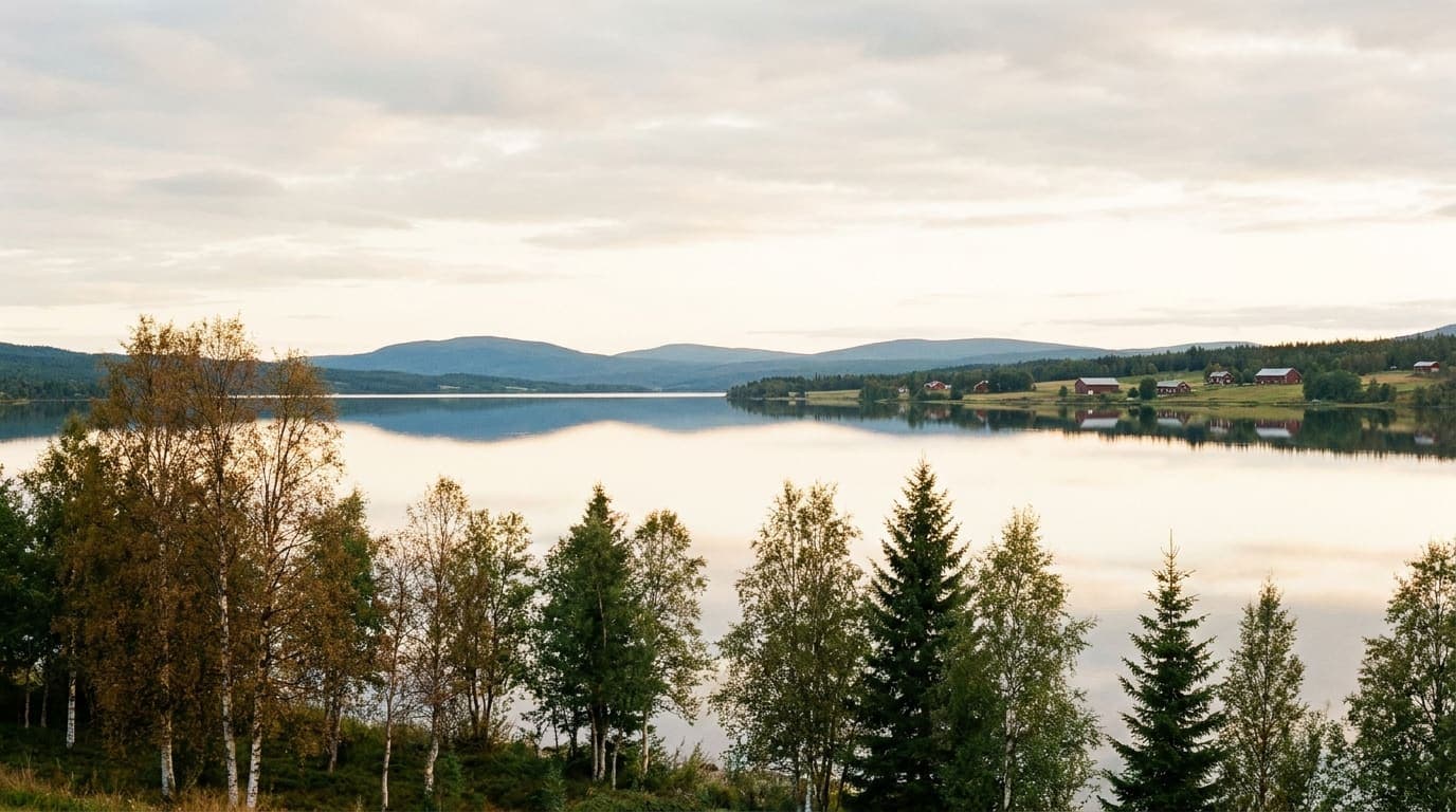 Jämtländskt sjölandskap i kvällsljus